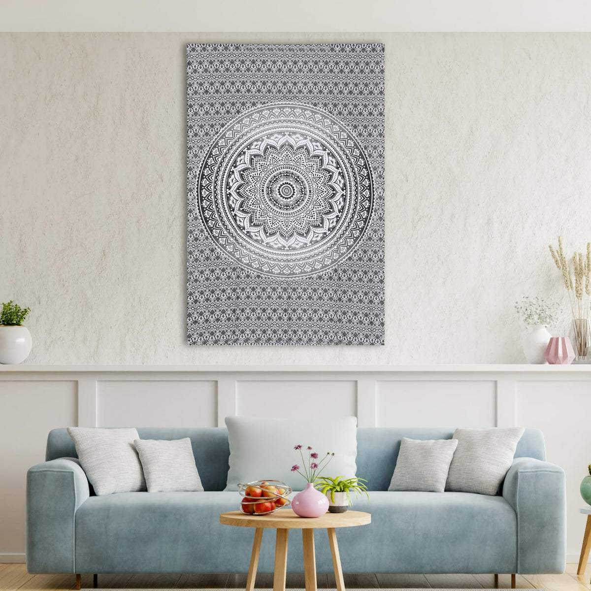 Grey Black Cotton Tapestry Mandala Wall Hanging (Grey and White / 30"L x 40"W)