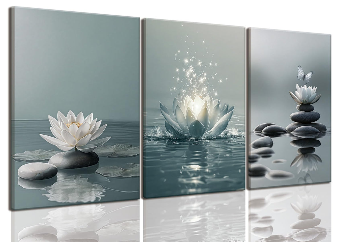 3 Piece Lotus Flower Wall Art Zen Bathroom Wall Decor Spiritual Canvas Art Yoga Room Pictures Meditation Paintings Spa Artwork For Living Room Bedroom (Lotus White / 16x24in)