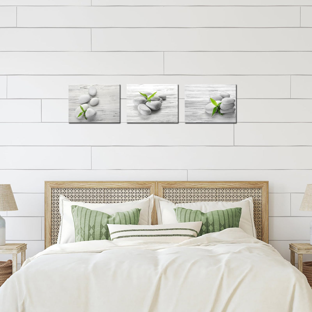 Zen Wall Art SPA Stone Pictures Prints Green Bamboo Bathroom Wall Decor Each Panel 12x16inch (Small)