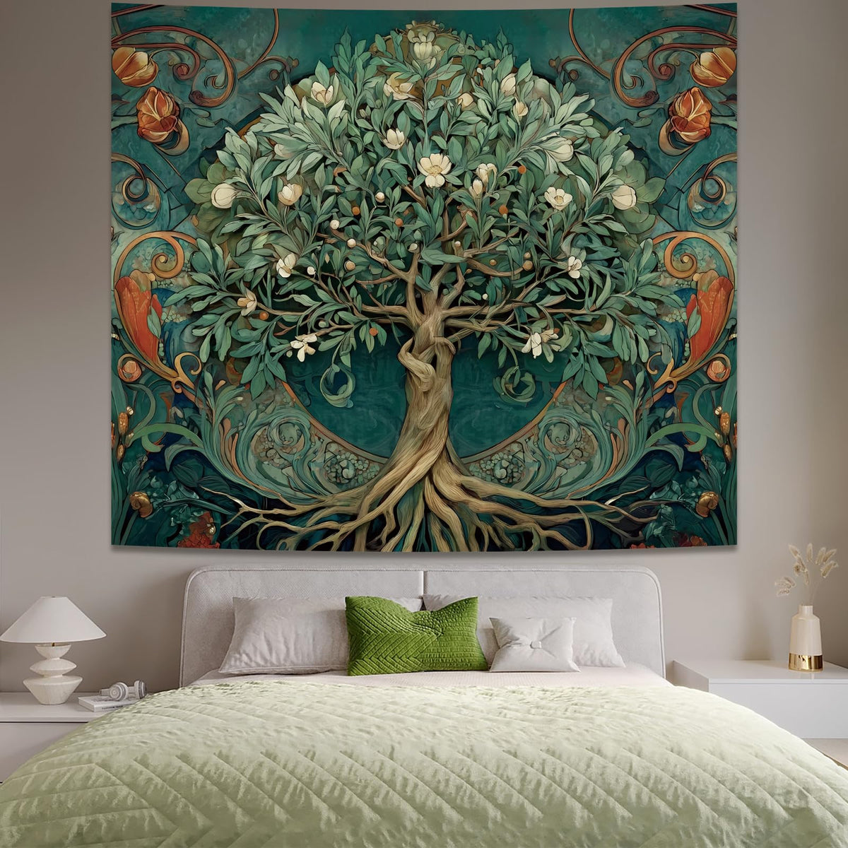 Tree of Life Vintage Tapestry for Bedroom Aesthetic (Green Tree of Life Tapestry / 60"L x 51"W)