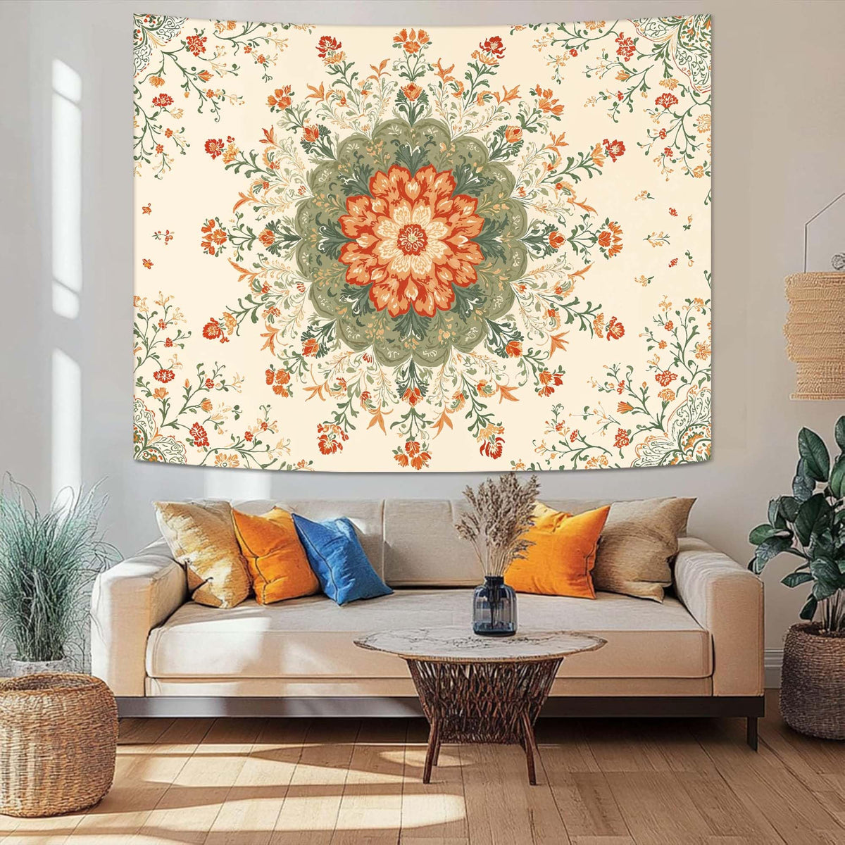 Mandala Floral Tapestry (90"L x 70"W / Ivory Orange)