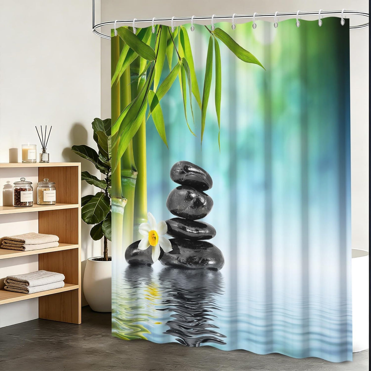 Zen Spa Shower Curtain Zen Stone Shower Curtain Lotus Bamboo Water Reflection Relaxing Meditation Waterproof Cloth Fabric Bathroom Curtains Set with Hooks Bath Bathtub Home Decor 69x70 inch (69"W x 70"L (Pack of 1) / Green 06)
