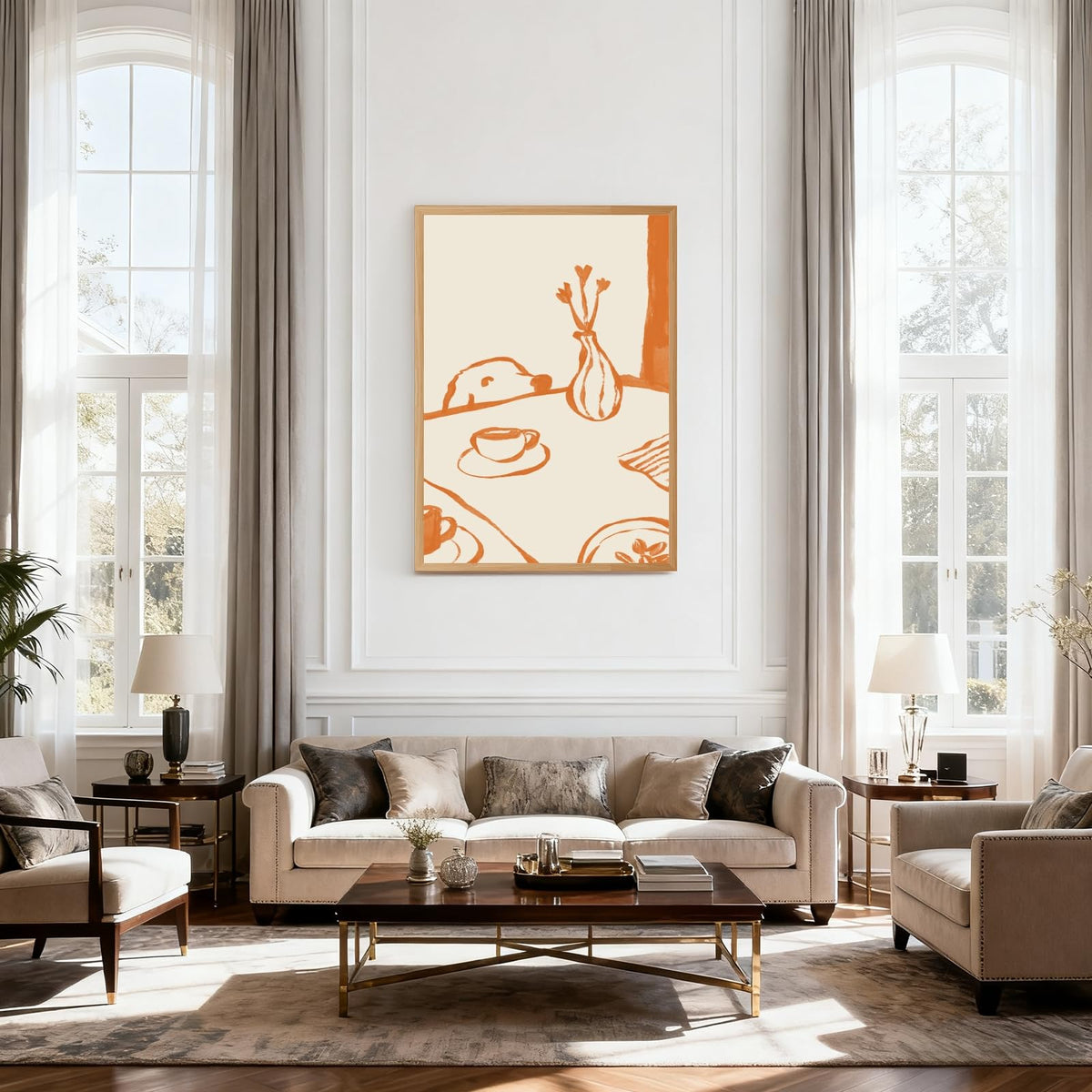 Framed Sneaky Dog Breakfast Wall Art Abstract Funny Scandi Diner Canvas Posters Minimalist Orange Painting Prints Animal Sketch Pictures Artwork for Kitchen Nursery Coffee Bar Decor 12x16inch (12"L x 16"W / Dog - Wood Frame)