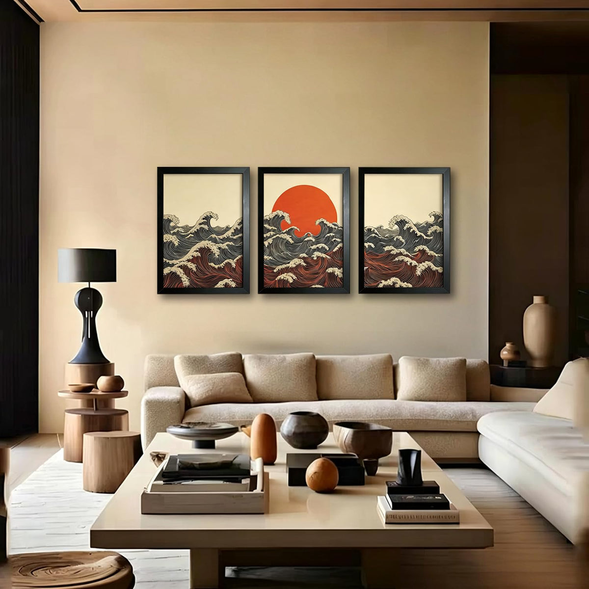 Framed 3D 3Pcs Japanese Canvas Wall Art (red sun / 16"L x 12"W)