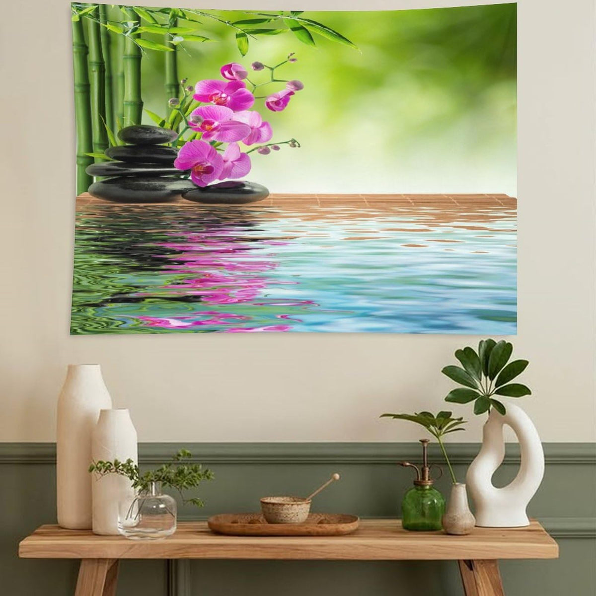 Purple Orchid Spa Tapestry Wall Hanging Bamboo Stone Tapestries Home Decor for Living Room Bedroom Farmhouse Kitchen Dorm 50"x60" (50"L x 60"W / Zen-8)
