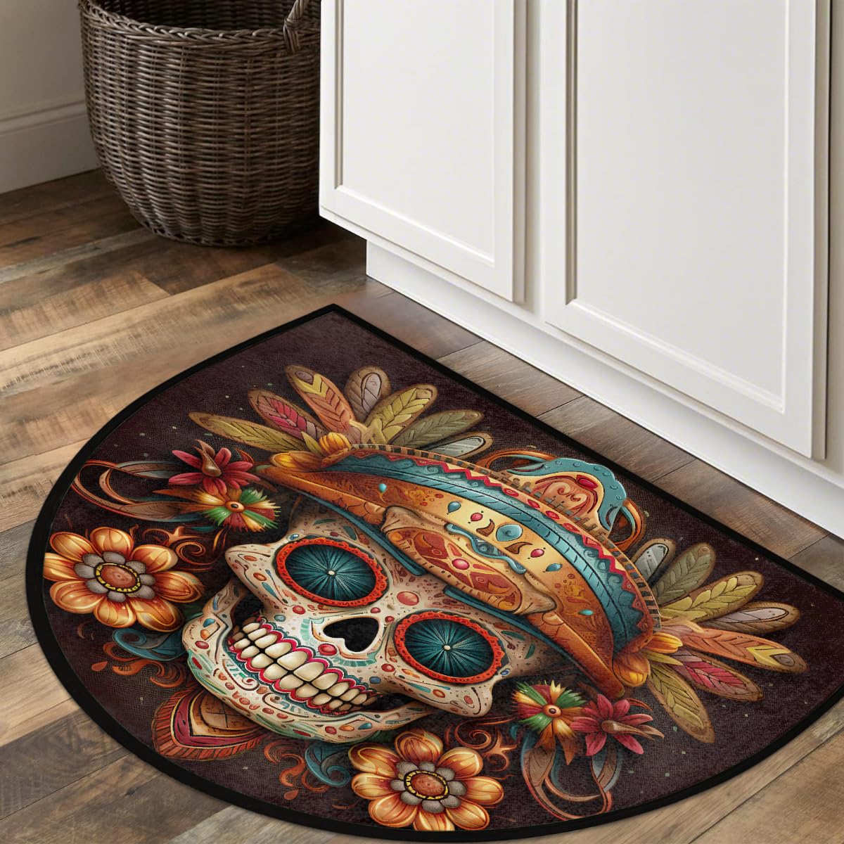 Flower Skull Half Round Door Mat Non Slip Half Circle Rugs (D: Color 15)