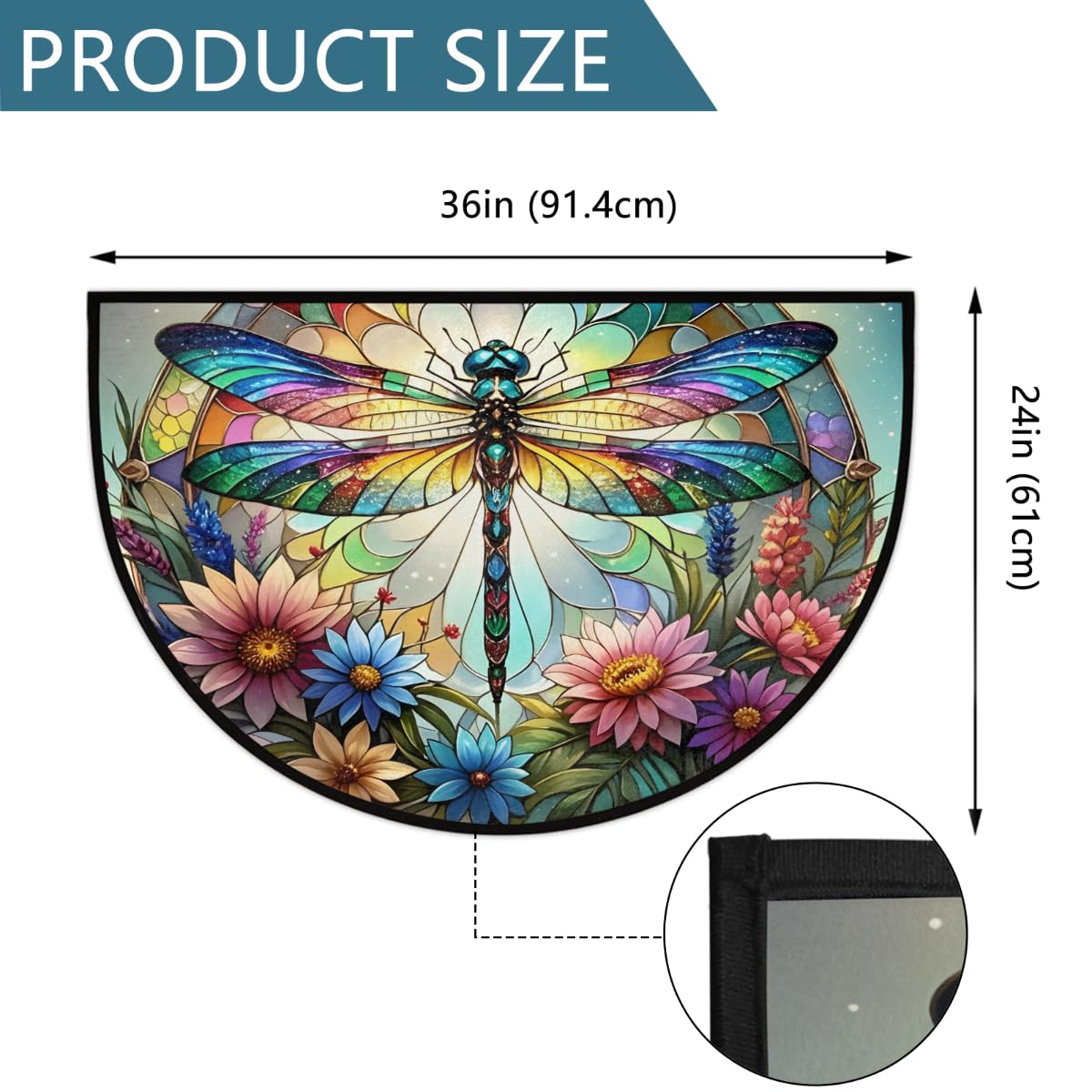 Half Round Door Mat Dragonfly Rainbow Animal Half Moon Rug Flower Glass Washable Half Circle Area Rugs Indoor Entrance Non Slip Semi Circle Bathroom Rugs Floor Carpet for Kithen Bedroom Decor (Color 7)