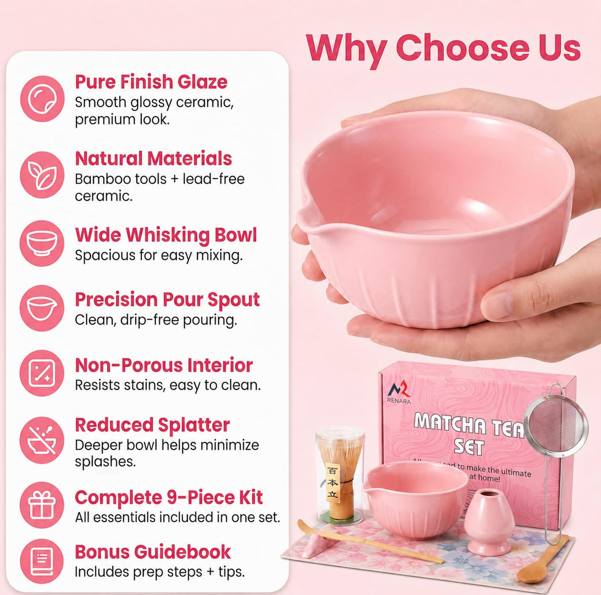 Pink Matcha Whisk Set 9 Pcs (Pink)