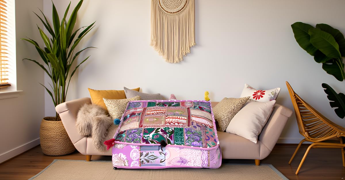 Indian Square Patchwork Traditional Pouf Cover Indian Living Room Poufs Decorative Embroidered Designer Ottoman Home Living Footstool Chair Cover Decor Pillow Cover 16x16x5 inches Baby Pink (16"D x 16"W x 5"H / Baby Pink)