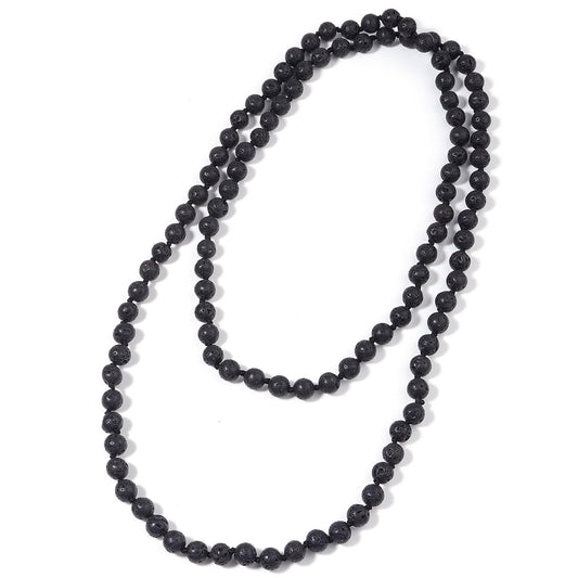 108 Mala Beaded Long Necklace Hand Knotted for Women (Lava Stone)