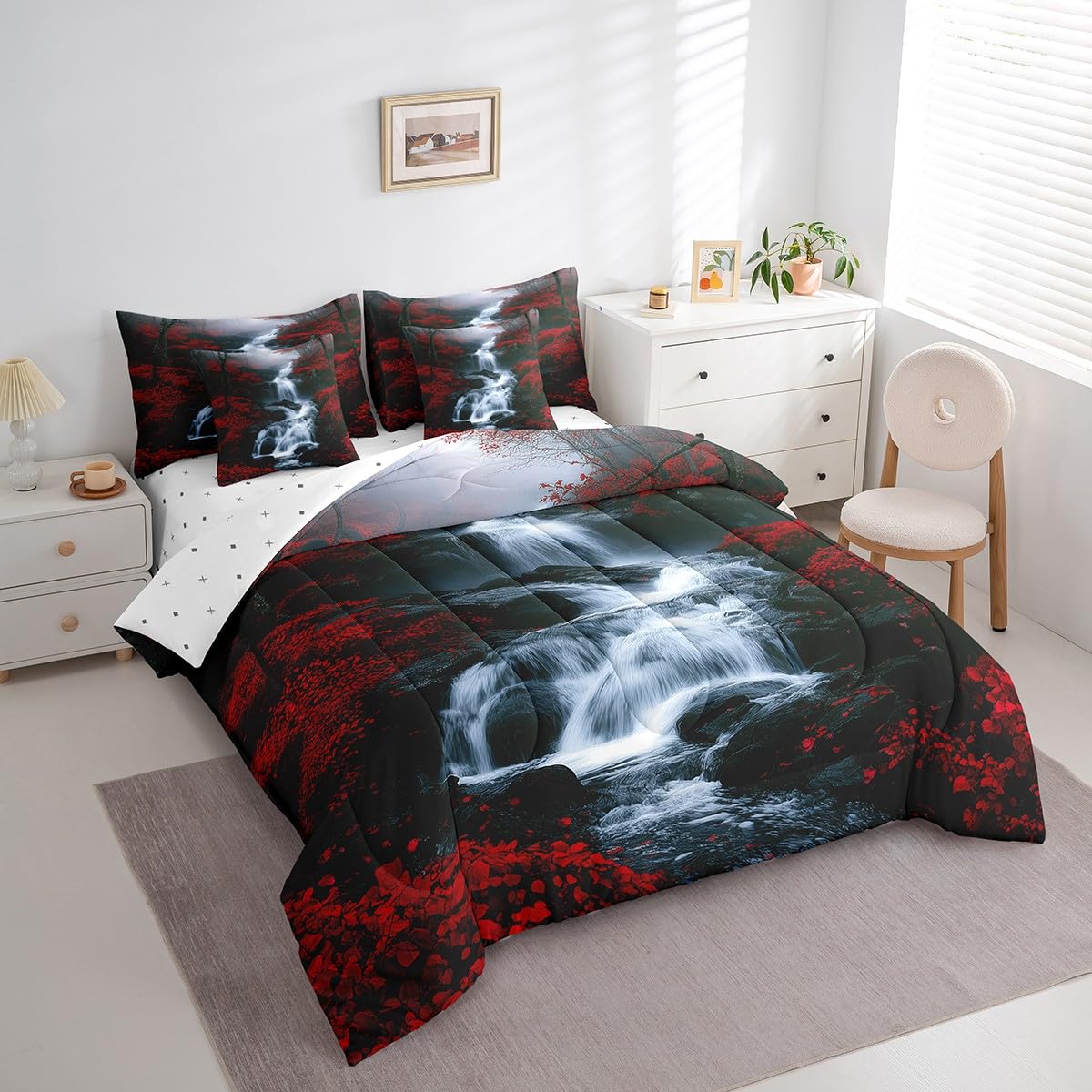 Waterfall Comforter Set Full Size 7 Piece for Boys Girls Teens (White and Red / Full)
