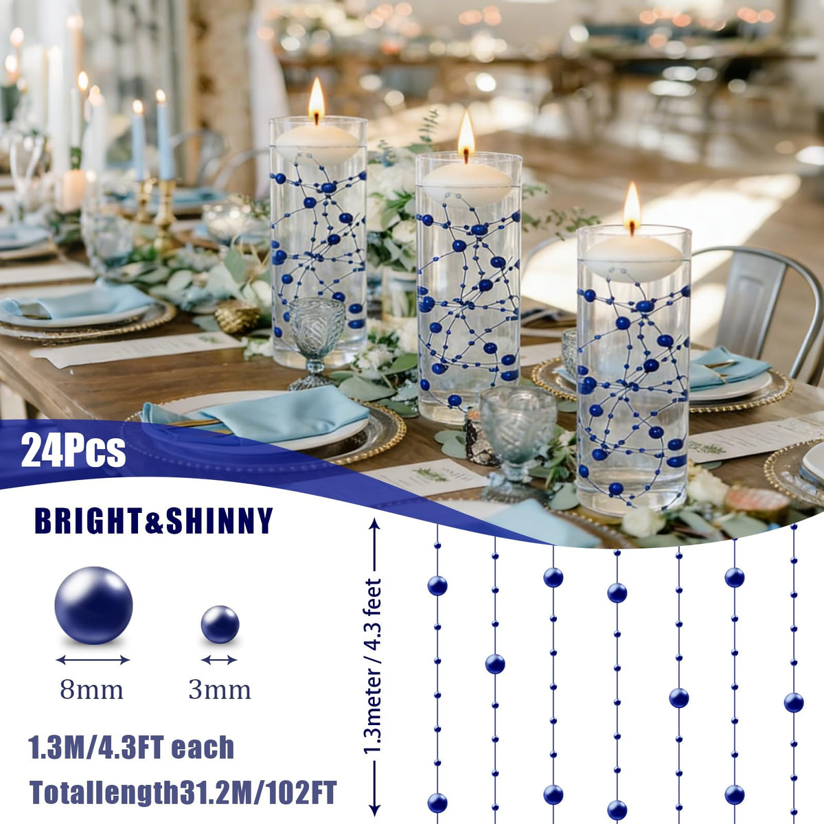 24Pcs Pearl String for Floating Candles Centerpiece (Dark Blue)