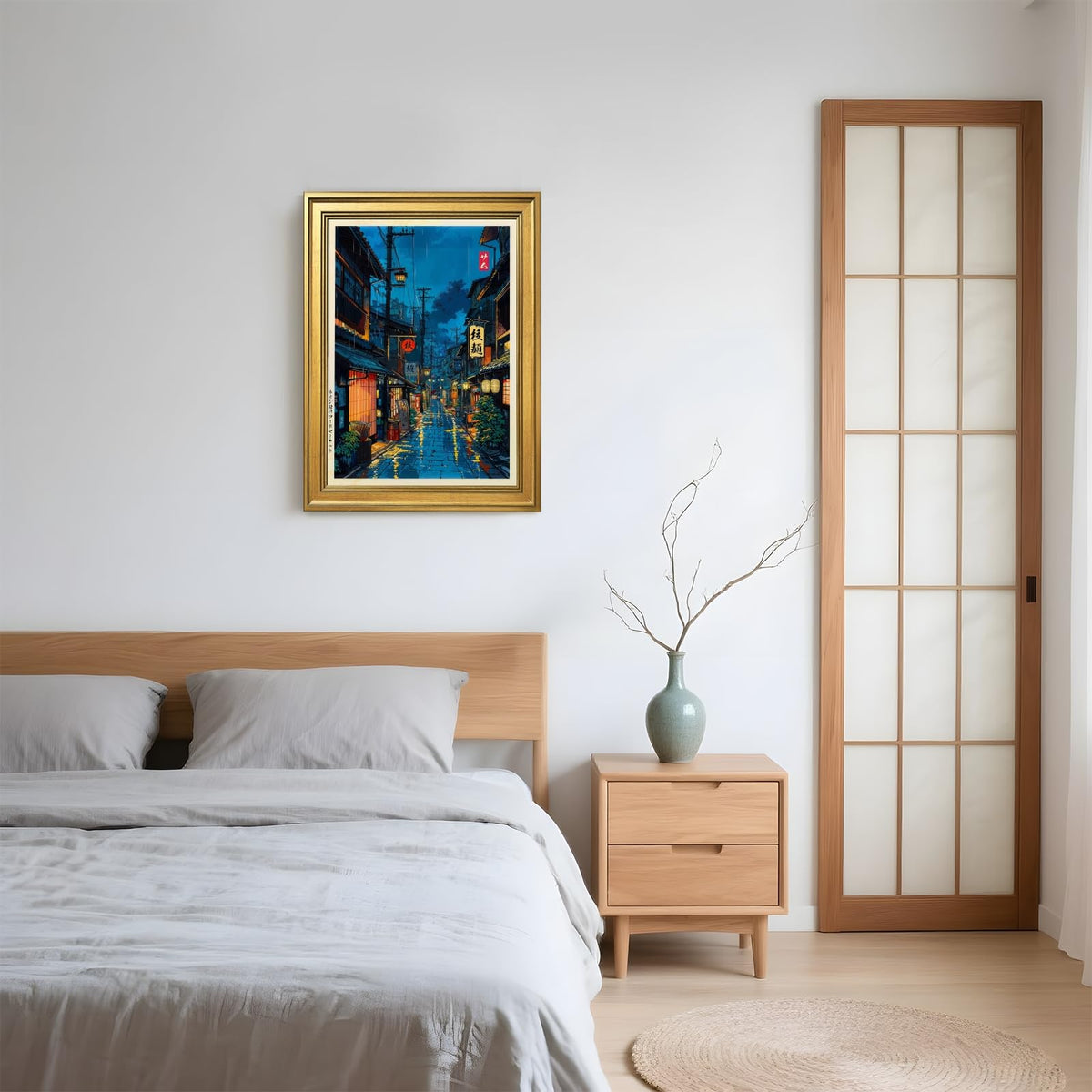 Japanese Tokyo Tea House Wall Art Poster Kyoto Night Street Art Canvas Print Retro Japan Illustration Wall Decor Vintage Urban Street Scene for Bedroom Living Room Aesthetic 8x10inch Vintage Framed (8"L x 10"W / style-1 Vintage Framed)