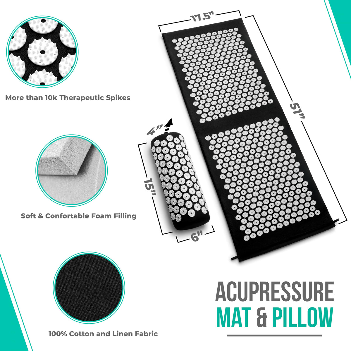 Sivan Acupressure Mat & Pillow Set for Back & Neck (Black/White / XL)