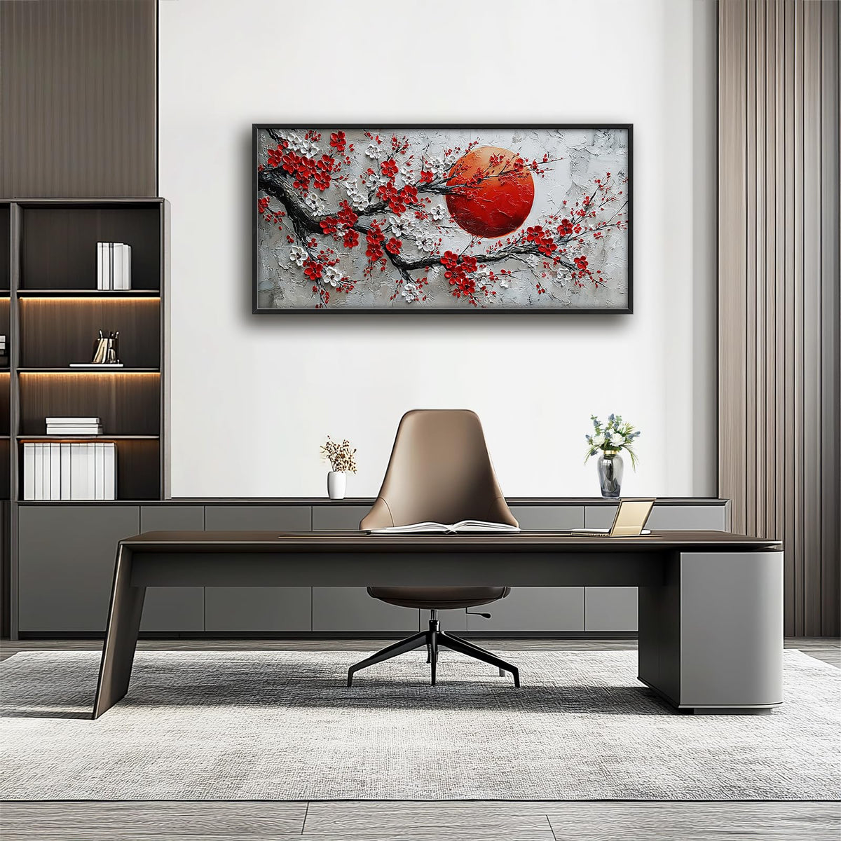 Plum Blossom Large Wall Art for Living Room Oriental Asian Pictures Painting Chinese Big Wall Decor Japanese Canvas Artwork Decorations Framed for Bedroom Office Dining room Gifts 30"x60" (Red flower / 60"L x 30"W)