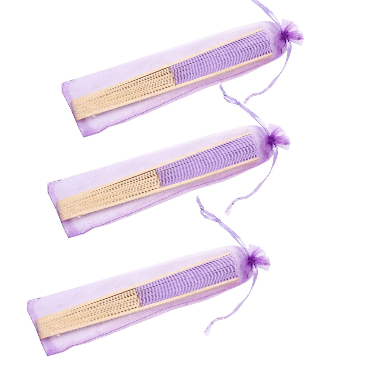 50pcs Paper Hand Fan with Organza Bags Bamboo Handheld Folding Fan DIY Decorative Wedding Party Favors (Light Purple)