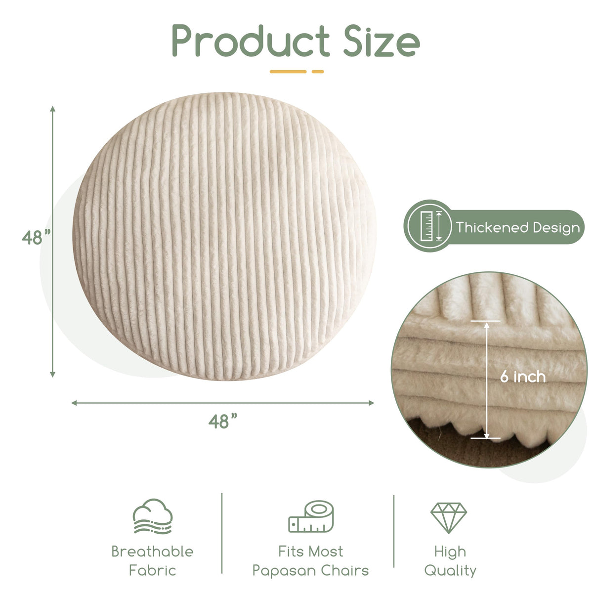 Papasan Chair Cushion with Thick Corduroy Cover (Beige / 48 x 48 Inches)