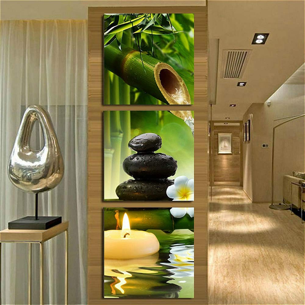 Bamboo Wall Art Zen Stone Canvas Painting Green Plant Artwork Bedroom (Zen Asian / 12"L x 12"W)