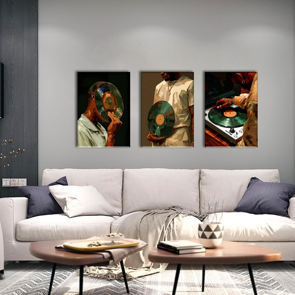 3 Piece African American Wall Art Black Men Wall Decor Fashion Music Pictures Record Canvas Art Music Studio Paintings Modern Trendy Artwork For Living Room Bedroom 16"x24" (Record White / 16x24in)