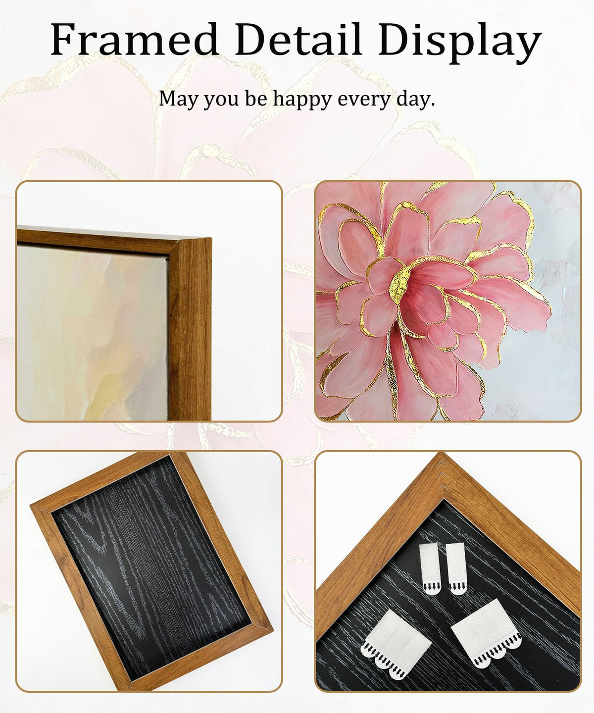 Framed Pink Peony Flower Canvas Wall Art Modern Pink and Gold Floral painting Decor Pictures Abstract flowering Posters Prints for Corridor Living Classroom Bedroom Woman Room Decoration (Flower / 24"L x 16"W)