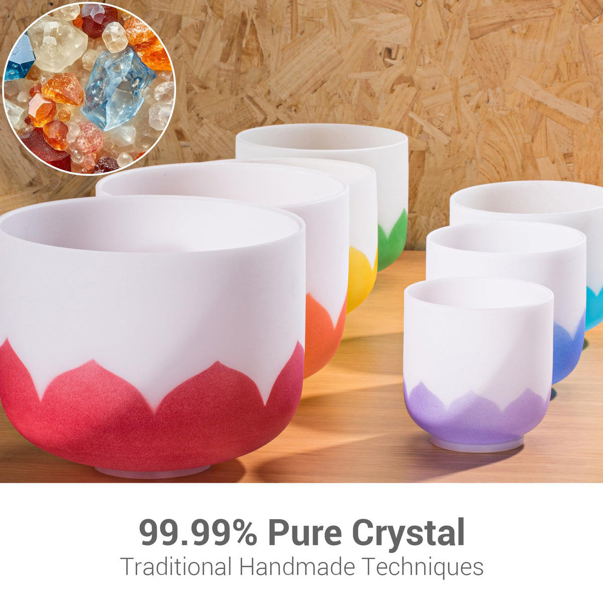 432Hz 6 12 Inch Set of 7 Lotus Quartz Crystal Singing Bowls with Gradient Colored Design (Set of 7 size, 6-12", A-G Note 432 hz / Lotus color)