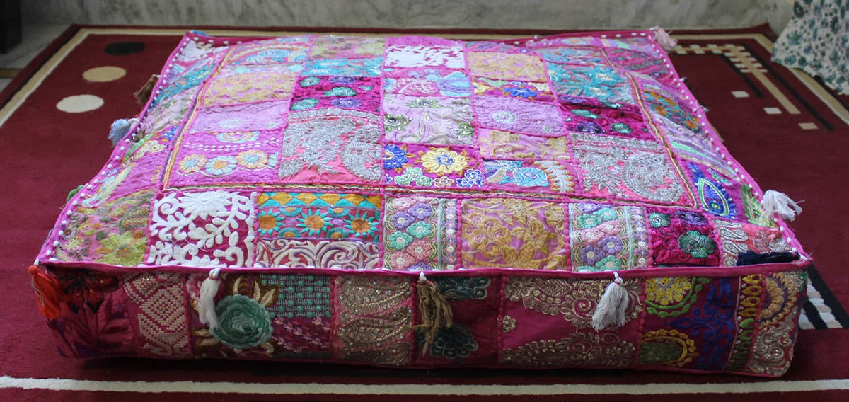 Indian Square Patchwork Traditional Pouf Cover Indian Living Room Poufs Decorative Embroidered Designer Ottoman Home Living Footstool Chair Cover Decor Pillow Cover 35 inches (35"D x 35"W x 5"H / Baby Pink)