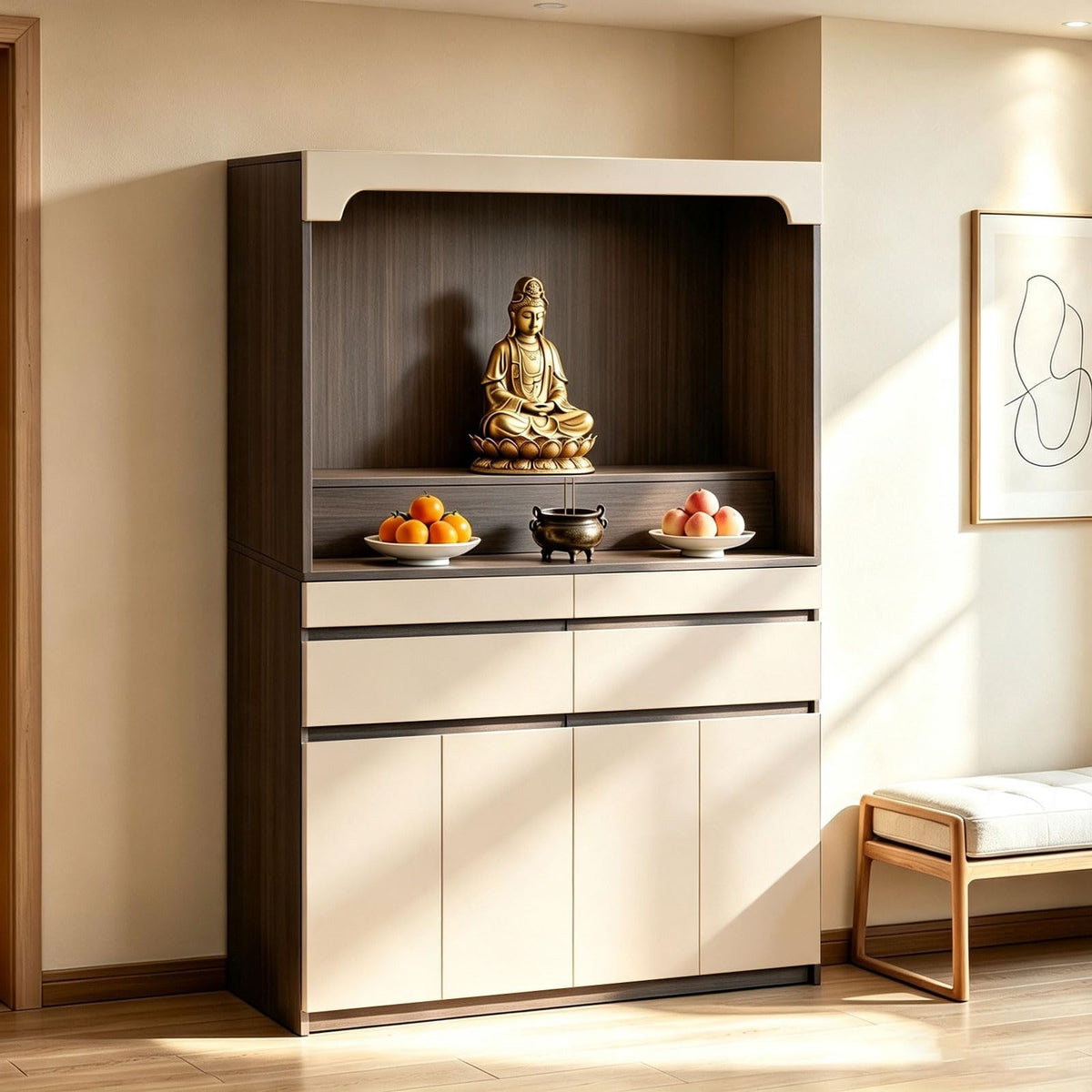 Altar Table Pooja Cabinet with Drawers and Storage Cabinets (55.1×15.7×65.4in / Beige+brown Wood Tone)