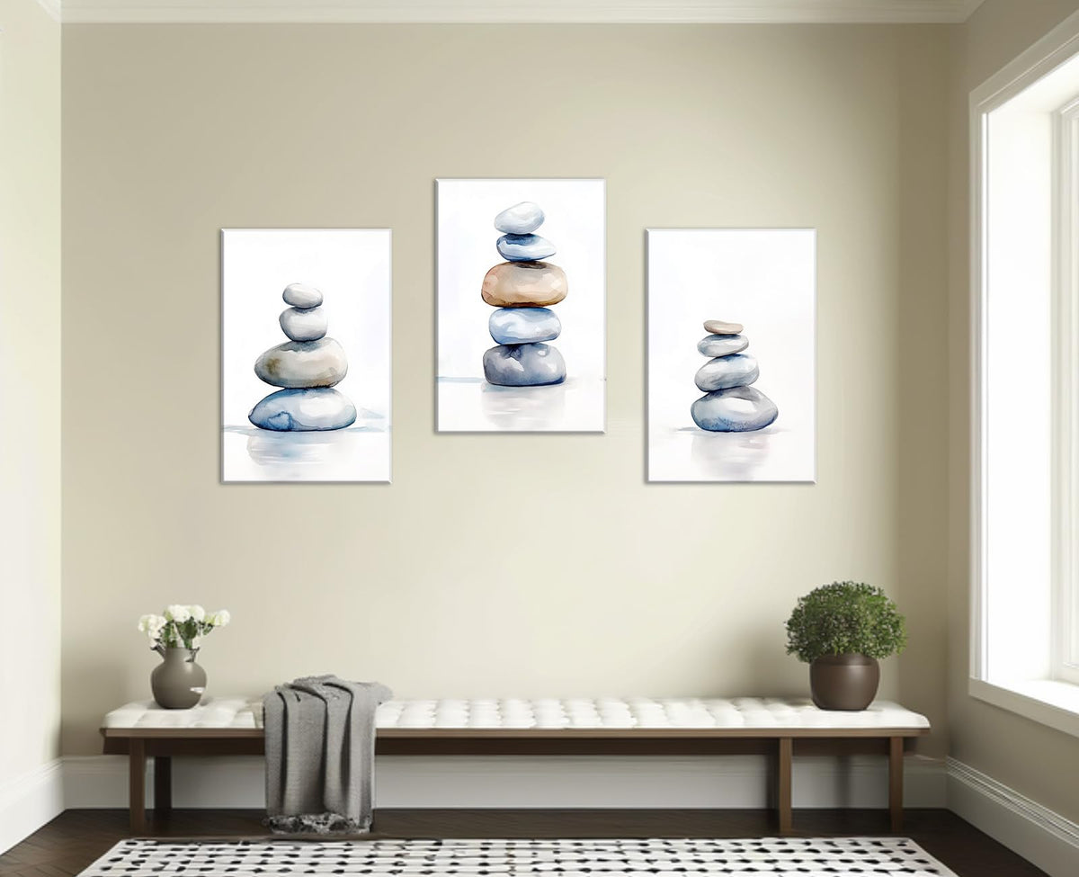 Zen Canvas Wall Art 3Pcs Spa Stones Picture Meditation Spiritual Painting Balancing Stones Watercolor Poster for Living Room Yoga Room Bathroom Wall Decor Framed (Zen-8 / 16.00"x24.00"x3P)