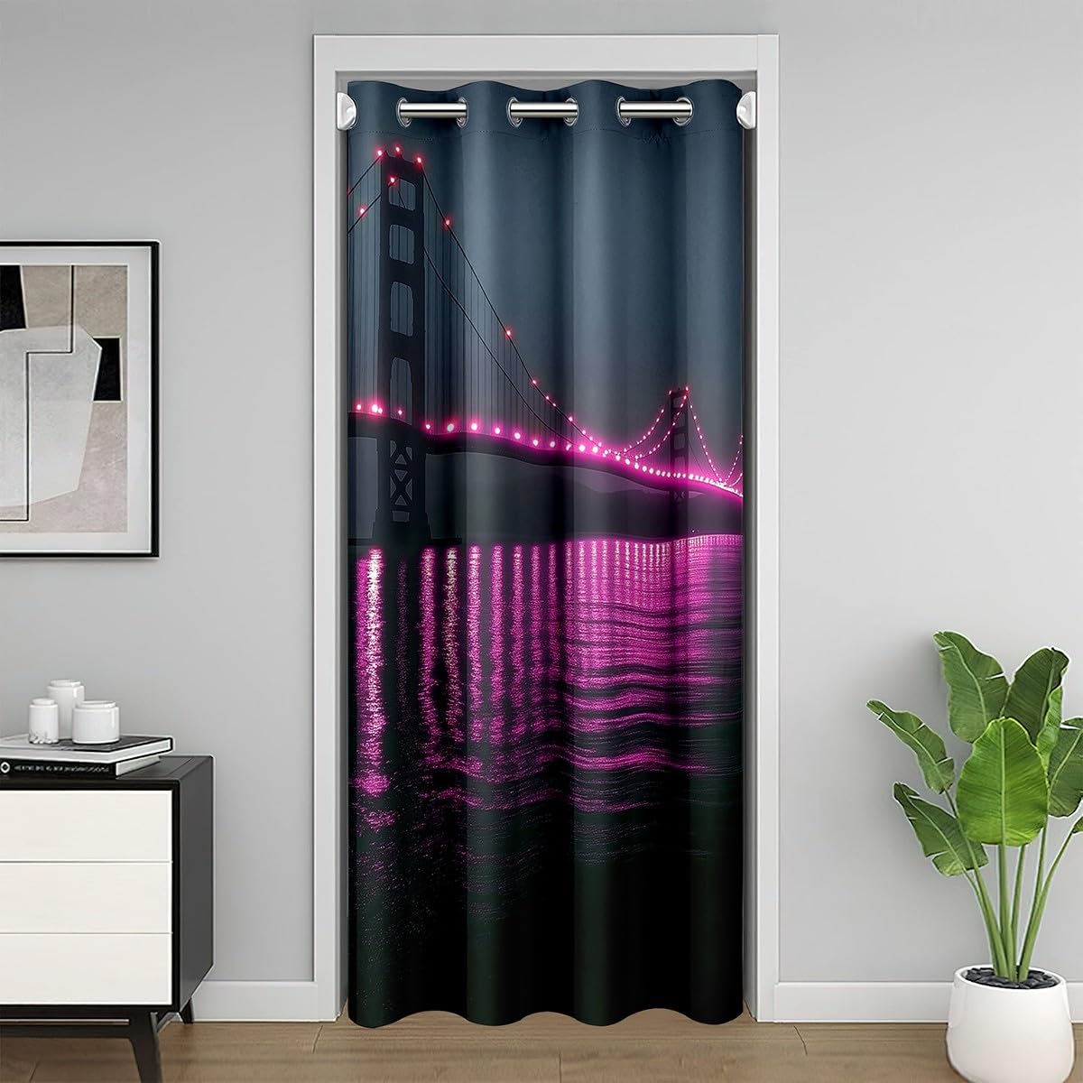 Golden Gate Bridge Door Curtain for Doorway Privacy 42x84 Inch 1 Panel Kids Nightscape Closet Cover Teens City Scenery Room Divider Curtain Breathable Soft Black and Purple Room Decor (Dull Black and Purple / 42"W x 84"L (Pack of 1))