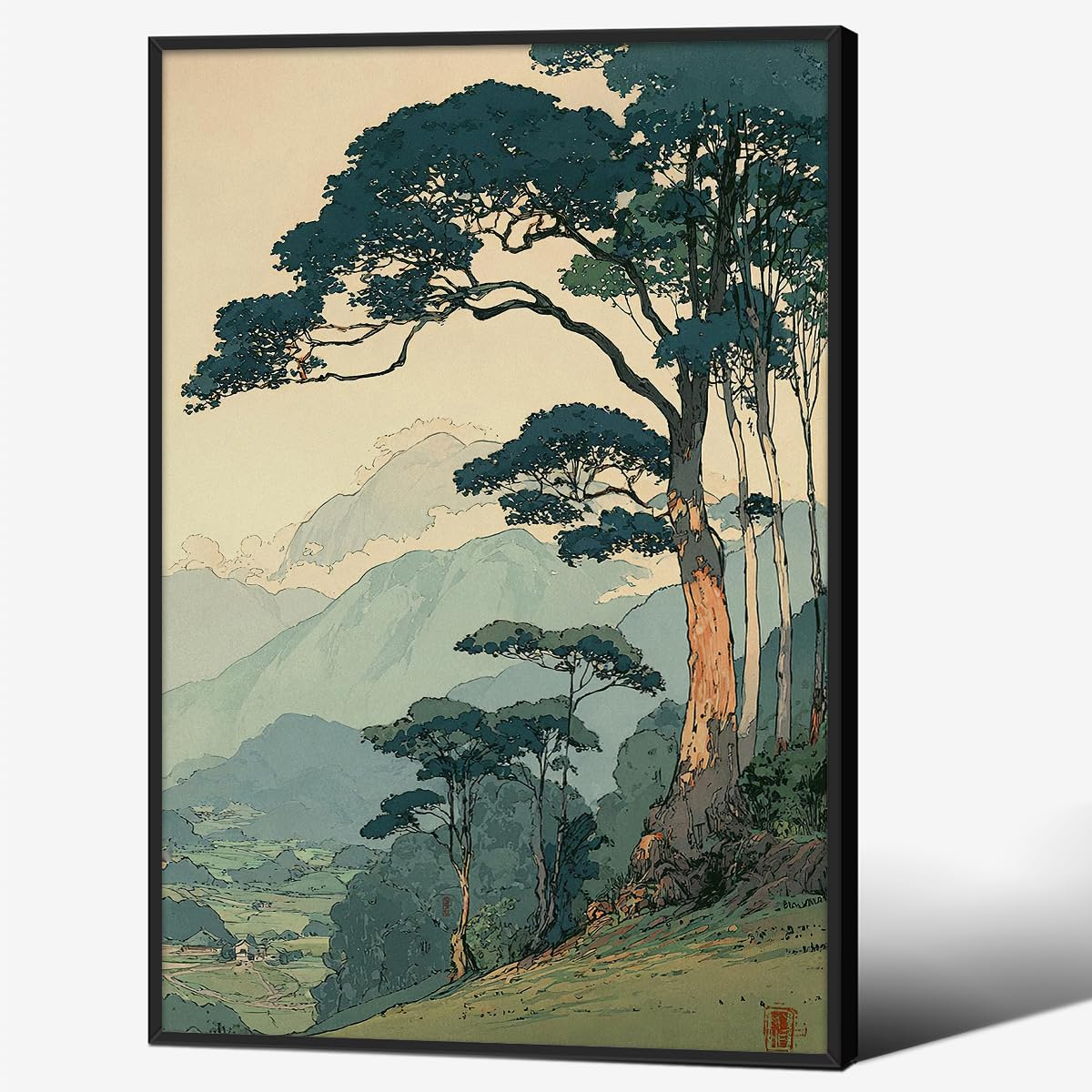 Japanese Forest Black Framed Wall Art Asian Tranquil Mountain Landscape Posters 20x30 inch Vintage Nature Tree Scene Prints Modern Ukiyo (Black Framed / Japanese Prints / 30"L x 20"W)