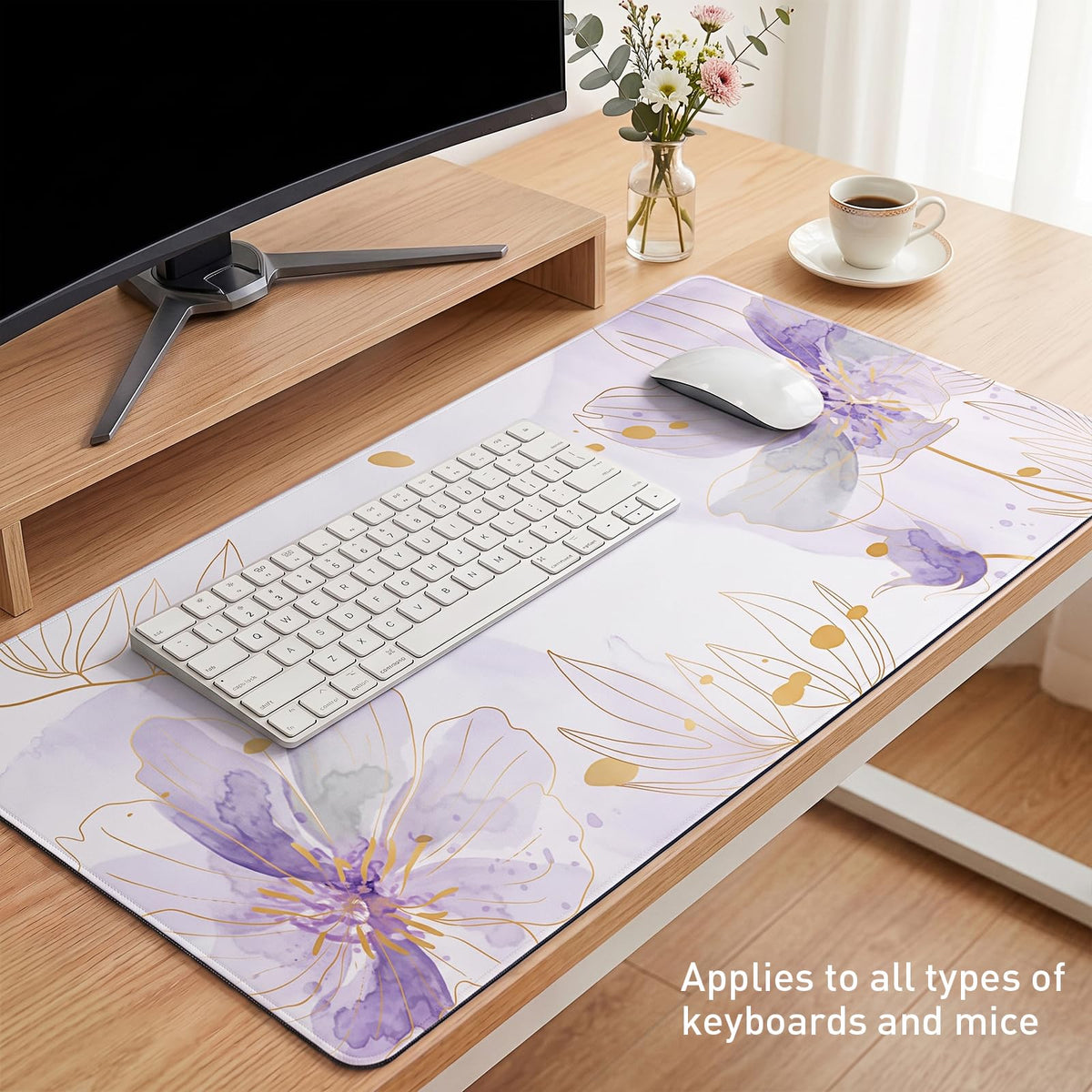 Purple Desk Mat (Purple Watercolor Floral / 35.4" x 15.7")
