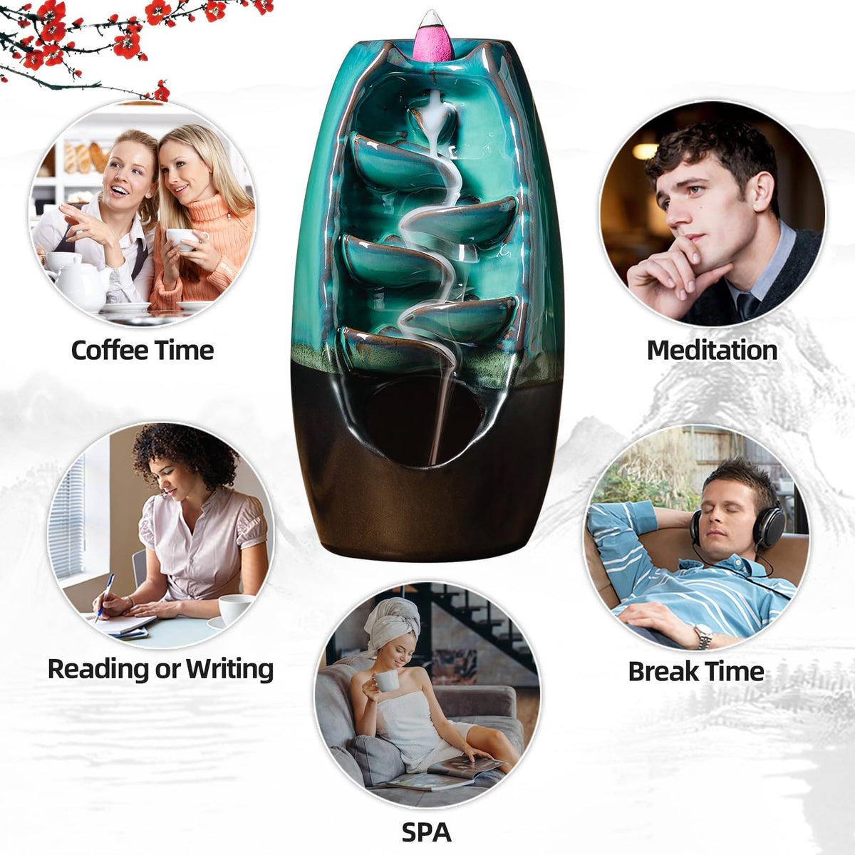 Ceramic Incense Burner with 100 Upgraded Cones (Cyan)
