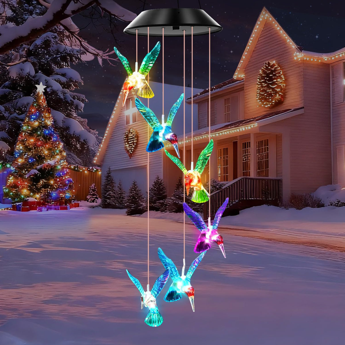 Blue Hummingbird Solar Wind Chimes Color Changing Lights Outdoor