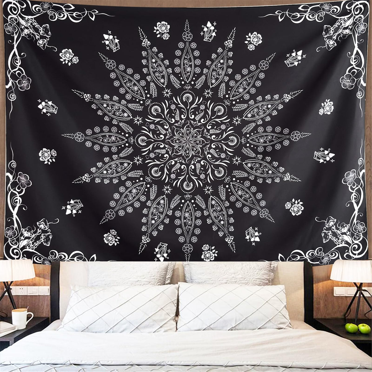 Black and White Mandala Tapestry Wall Hanging for Bedroom 60" x 44" (Black / 60"L x 44"W)