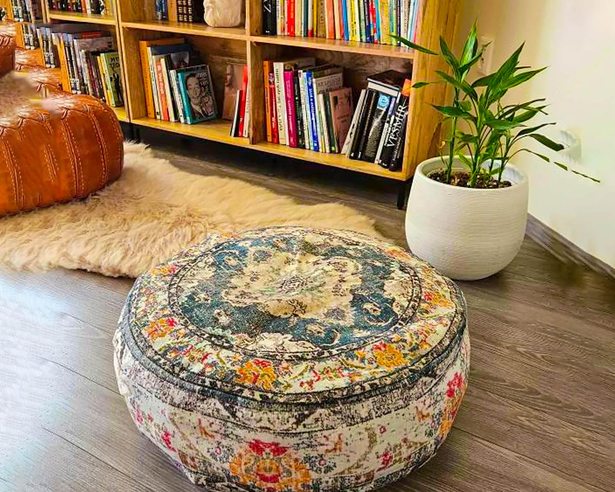 Moroccan Floor Pillow Cover Blue Round Floor Cushion Boho Room Décor Moroccan Seating Area Perfect Pouf Ottoman for Living (24x8 Cover Only / Blue)