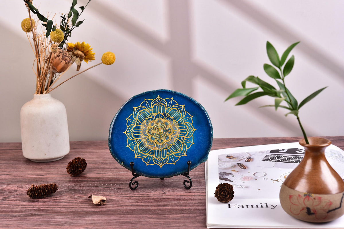 4 5" Blue Agate Slice Tree of Life (Blue Mandala / 4-5 INCH)