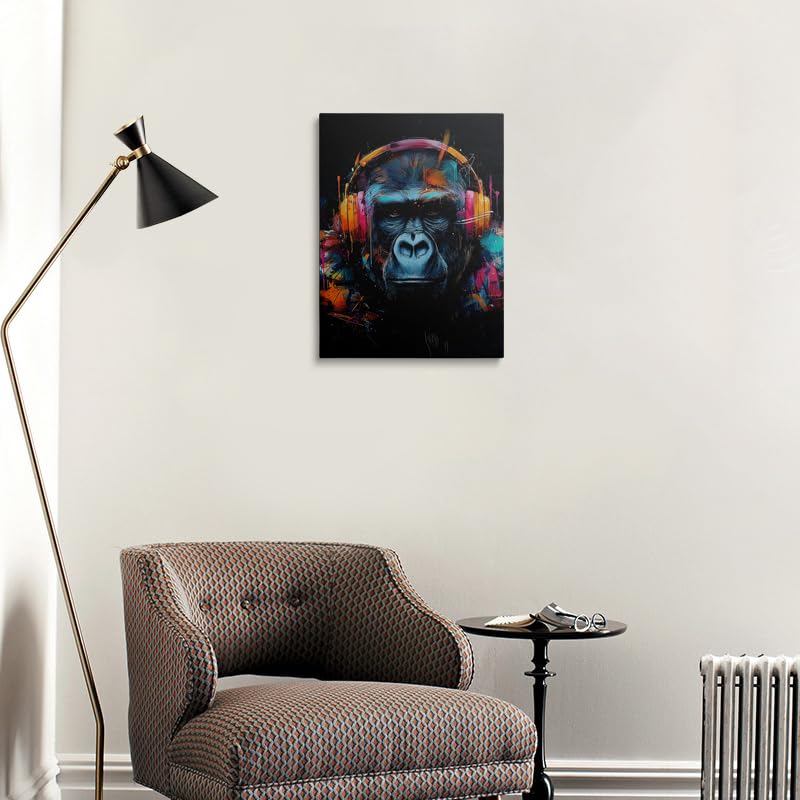 Urban Pop Art Gorilla Canvas Wall Art Framed Print Poster Graffiti Style with Colorful Headphones Neon Splash Bold Contemporary Wall Decor Artwork for Gaming Room Men 16x24 Inches (gorilla / 24"L x 16"W)