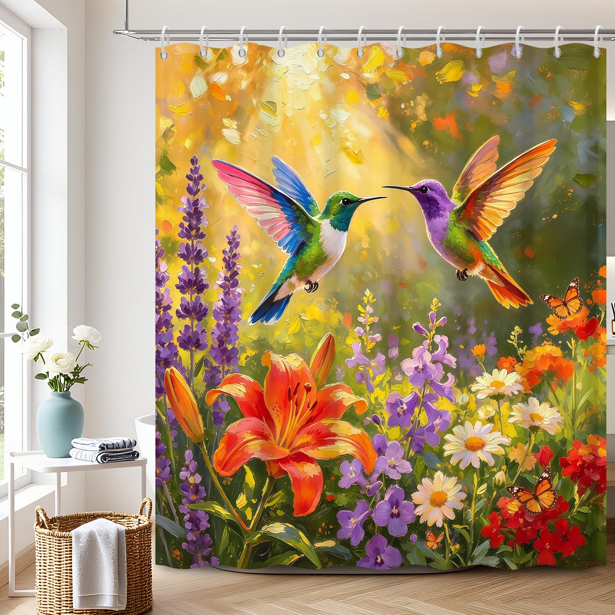 Vibrant Hummingbird Floral Shower Curtain with Hooks (Hummingbirds & Flowers)