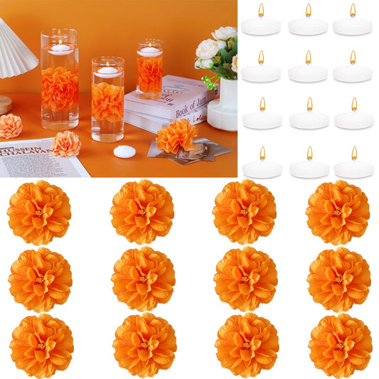 24 Pcs Floating Candles for Centerpieces and Floating Flowers Vase Fillers for Centerpieces Orange Artificial Flowers for Wedding Table Party Home Decoration (Orange)