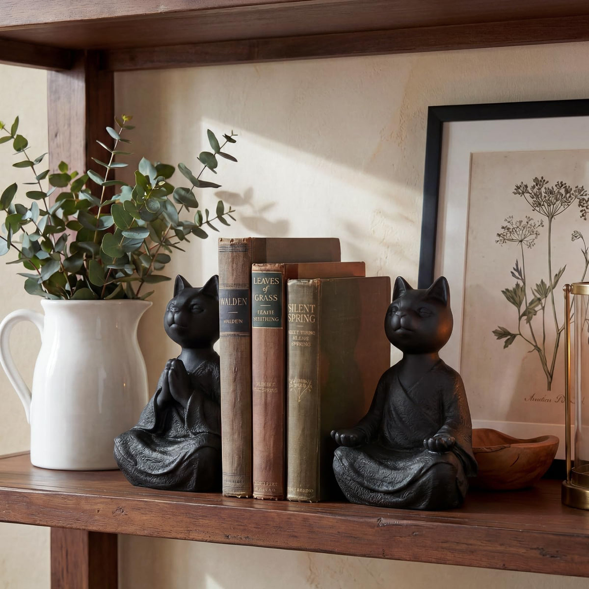 Meditating Cat Bookends (Black)