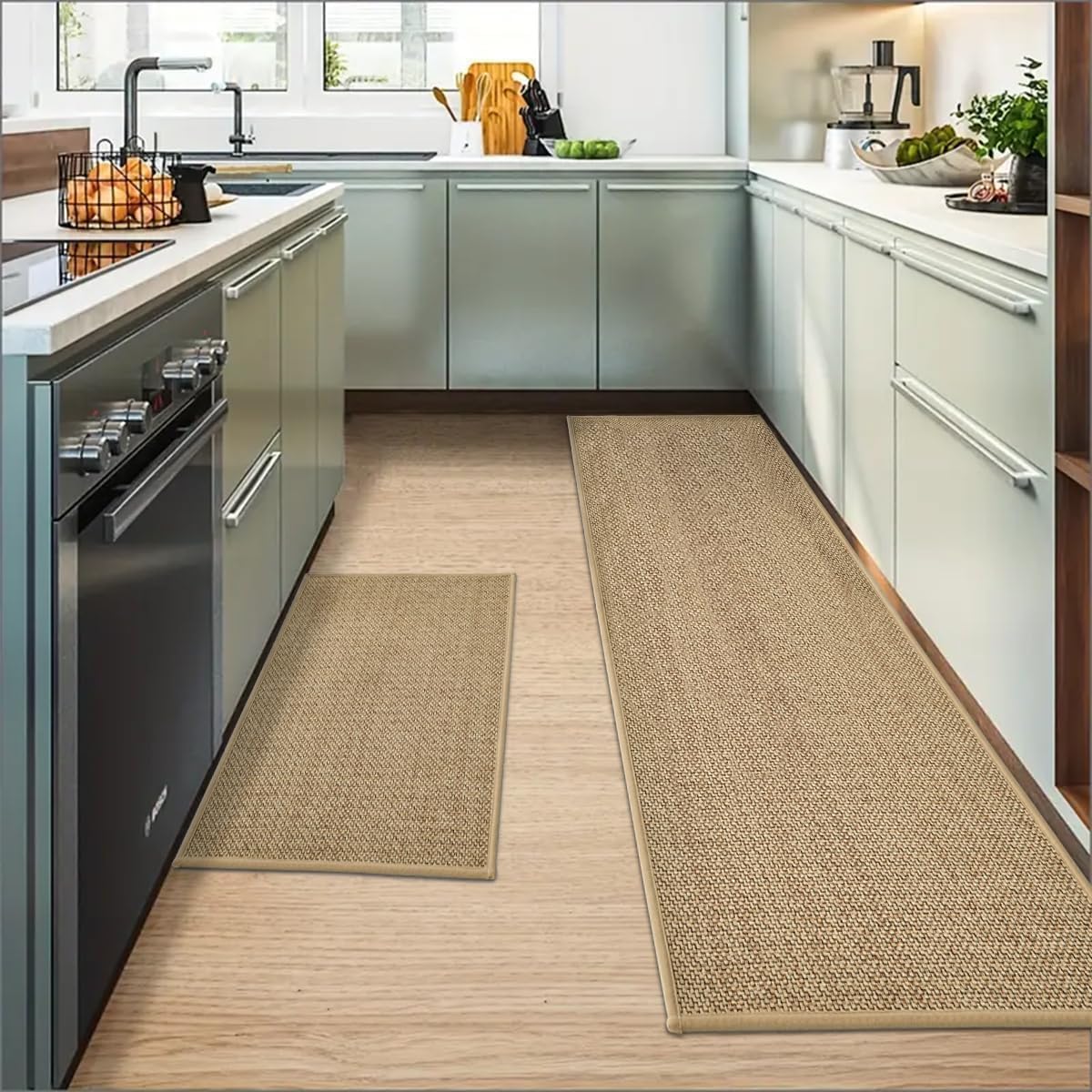 Washable Non Skid Kitchen Rugs and Mats Set of 2 (17" x 29" /17" x 60" / Linen)
