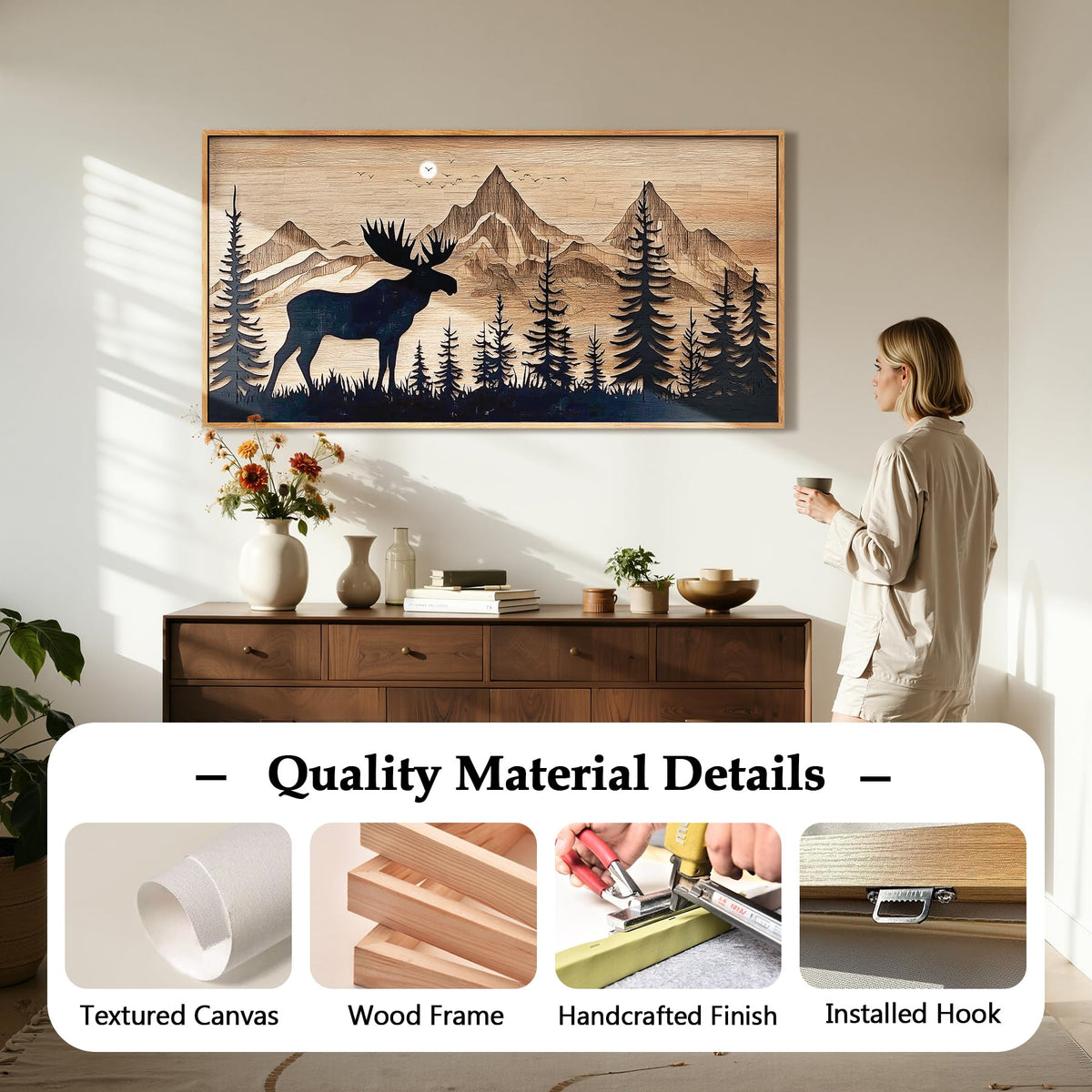Deer Forest Cabin Wall Decor Large Framed Wall Art Neutral Print (Deer Mountain / 48"L x 24"W)