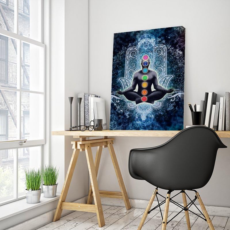 Seven Chakras on Blue Background Meditation Yoga Hd Print Canvas Wall Art Spiritual Healing Gifts for Family and Friends Bedroom Room Zen Decor Framed 8"X12" (12"L x 8"W / Frame-3)