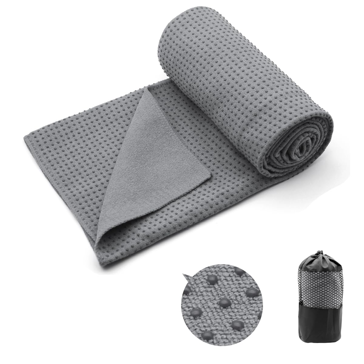 Yoga Towel Hot Yoga Mat Towel with Grip Dots Sweat Absorbent Non (Dark Grey / 72" x 24")