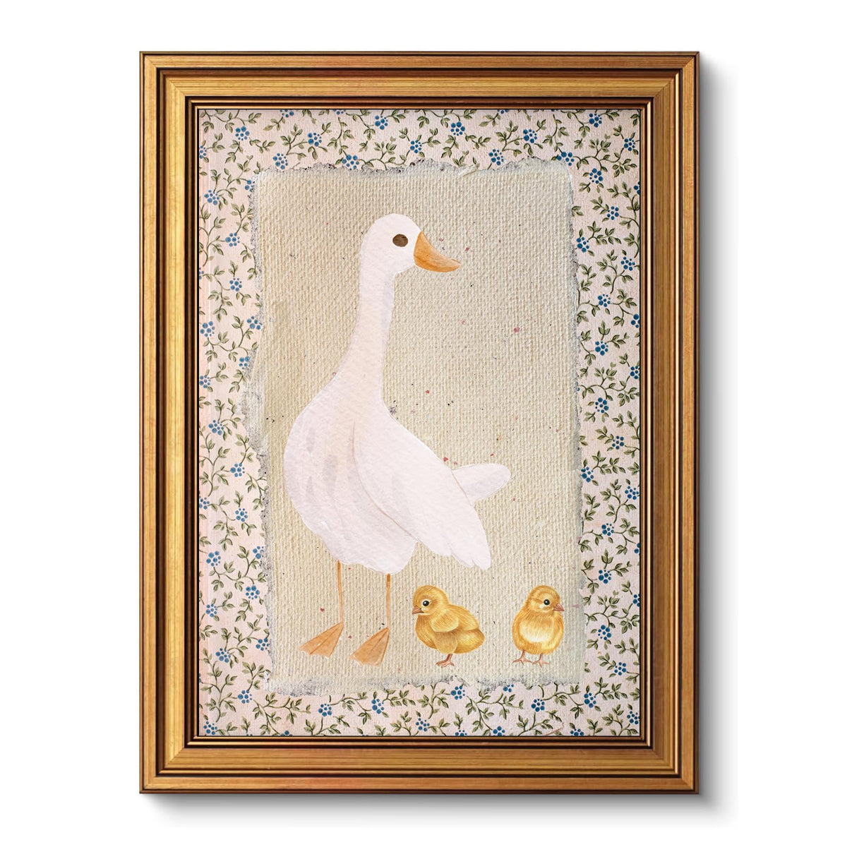 Vintage Gold Frame Canvas Animal Floral Pattern Painting Print 12x16 Inch (Mother Duck / 12"L x 16"W)