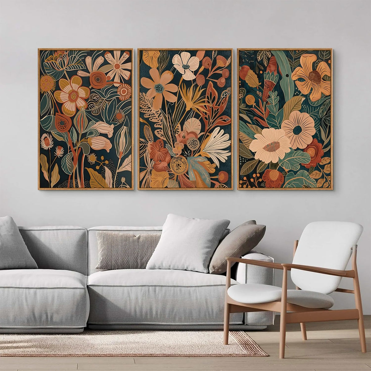 Vintage Burnt Orange Floral Framed Canvas Wall Art Set of 3 (Boho Flower / 24"L x 16"W)