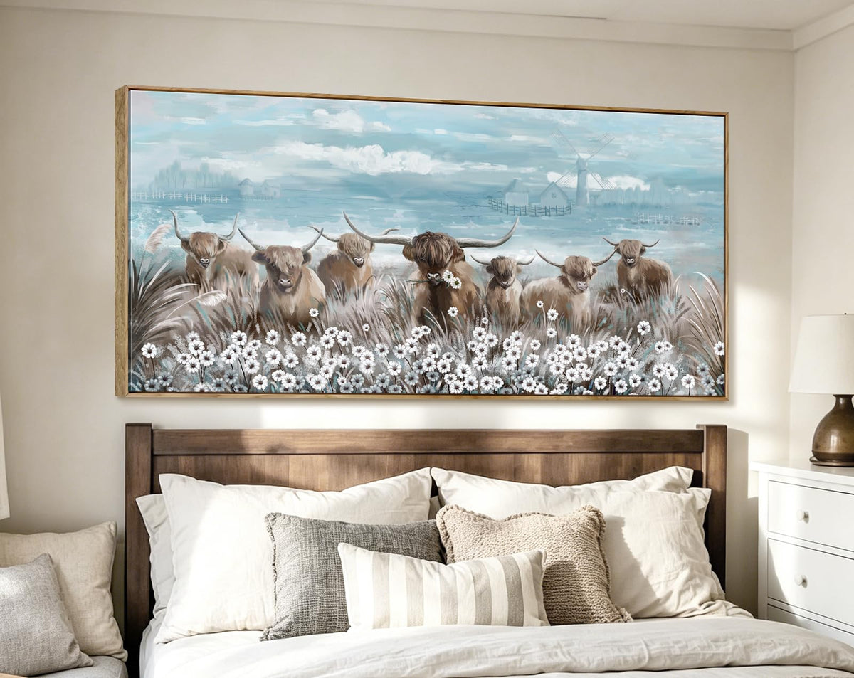 Extra Large Framed Wall Art for Living Room Big Boho Farmhouse Highland Cow Canvas Artwork Flower and Animal Picture Rustic Coastal Blue and Brown Decor for Office Bedroom Kitchen (Highland Cow Wall Art / 58"L x 29"W)