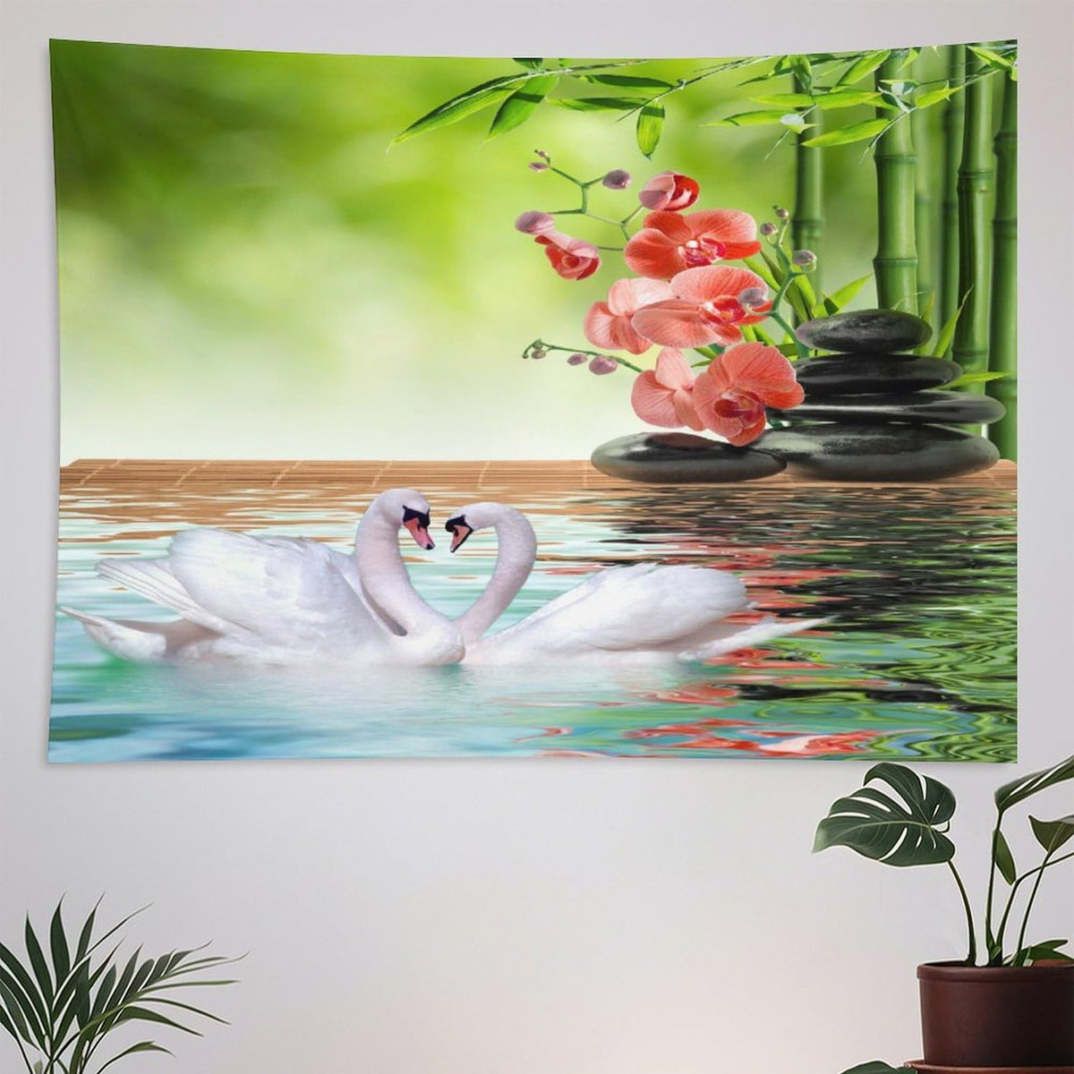 Spa Tapestry Wall Hanging Bamboo Orchid Red White Swan Spa Meditation Relaxing Art Tapestries Home Decor for Living Room Bedroom Farmhouse Kitchen Dorm 60"x60" (60"L x 60"W / Zen-6)