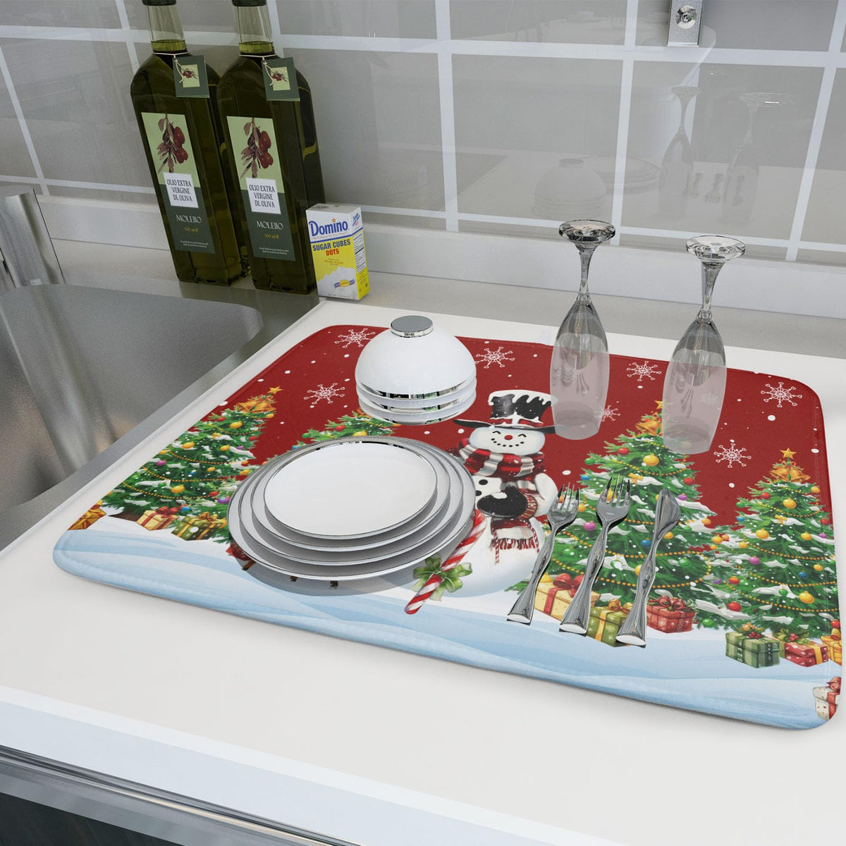 Christmas Snowman Dish Drying Mat for Kitchen Counter (Christmas / 18" x 24")
