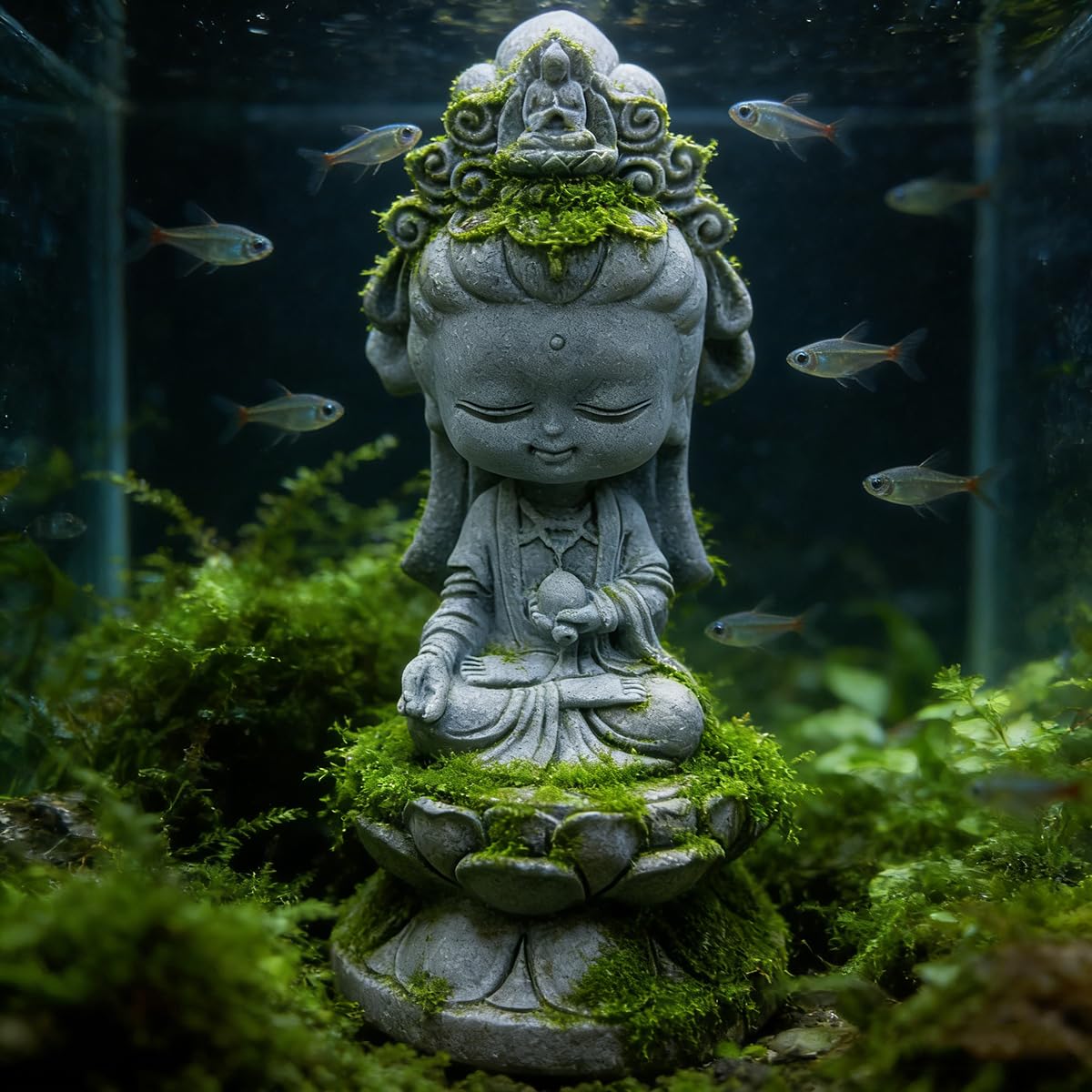 Small Guanyin Buddha Statue Quanyin Figurine Sandstone Decor (Gray)
